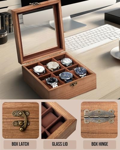 Image of Watch Box, Watch Case for Men Women with Large Glass Lid, Wooden Watch Display Storage Box with 6 - Slots, Retro Burlywood 6x2 Mens Watch Box Organizer
