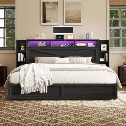 Image of AMERLIFE 45'' Farmhouse King Bed Frame with Headboard & Storage, Black