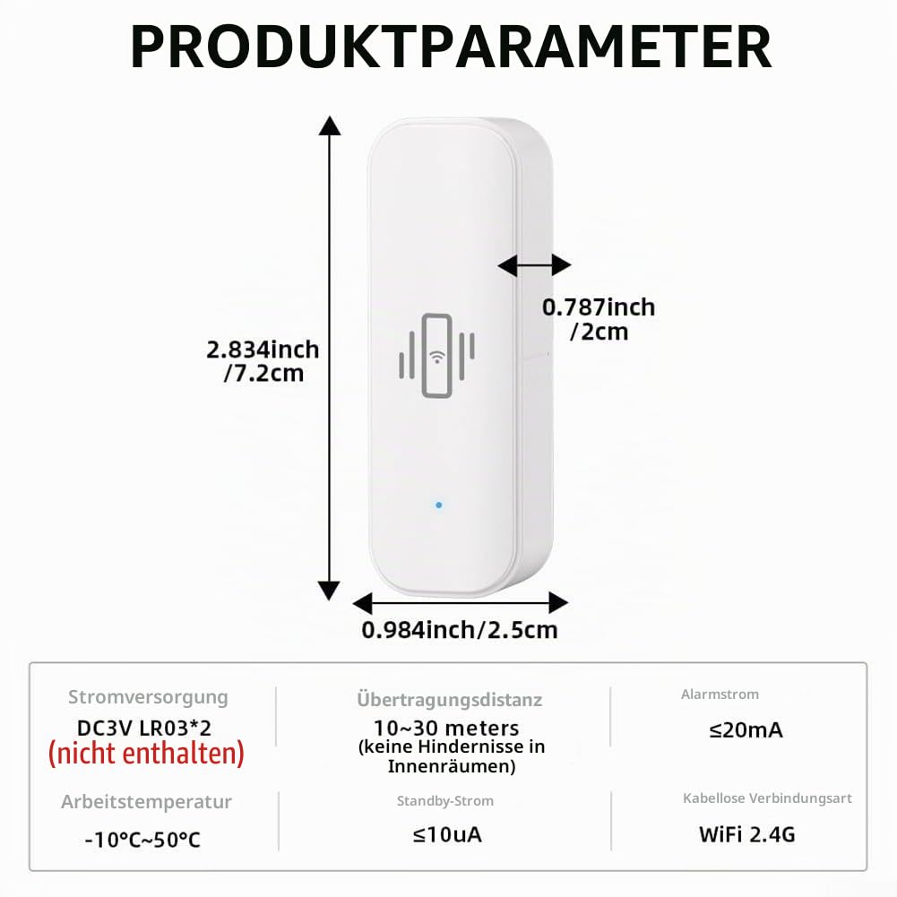 WLAN-Vibrationssensor, kabelloser Mini-Glasbruchmelder für Alarm und Smart-Home-Automatisierung, kein Hub erforderlich, kompatibel mit Tuya/für Smart Life App (6 Stück)