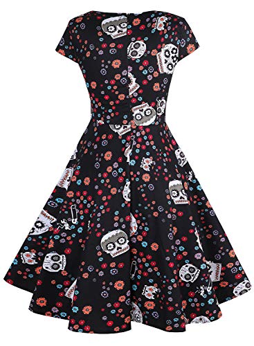 oten Women's Christmas Polka Dot Sugar Skull Vintage Swing Retro Rockabilly Cocktail Party Dress Cap Sleeve Black