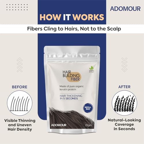 Image of ADOMOUR Hair Building Fiber Refill Pack 25g (Dark Brown) | Keratin Hair Fibers Refill Bag for Men & Women | Hair Styling Accessory for Thin Hair Appearance | Natural Look
