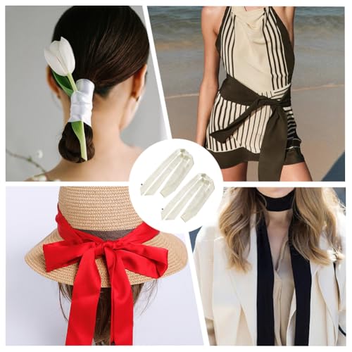 GORGECRAFT 2PCS 57.59×1.97 Inch Polyester Solid Color Long Neckerchief Silk Skinny Satin Scarf Handbag Handle Wrap Ribbon Necktie Scarf Belt Hair Headband for Women Lady (Floral White)4