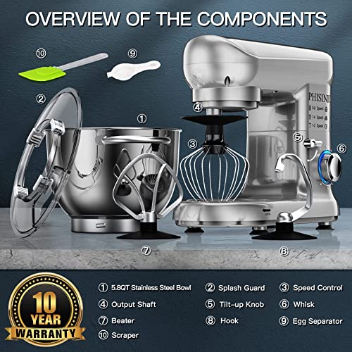Phisinic Stand Mixer, 5.8-Qt 660W Electric Kitchen Mixer, 6-Speed Tilt-Head Household Stand Mixer, Kitchen Food Mixer With Dough Hook, Wire Whip And Beater, For Baking, Cake, Cookie, Kneading (Silver) #TOP4