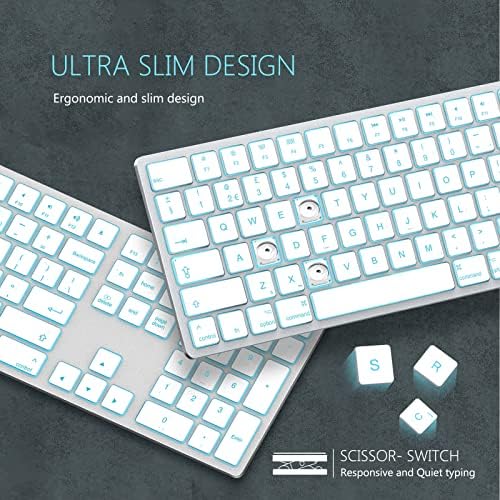 Multi-Device Bluetooth Backlit Keyboard for Mac OS, Wireless Keyboard for 3 Devices with 7 Colors Backlight Rechargeable Slim Silent UK Layout Compatible with MacBook, iMac, iOS, White Silver
