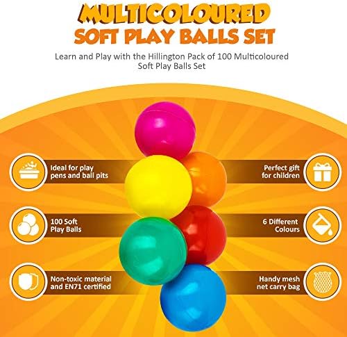 Hillington Multicoloured Soft Play Ball Set with Handy Mesh Net Carry Bag - Features Bright and Exciting 6cm Balls in an Assortment of Colours Perfect for Ball Pit (100)
