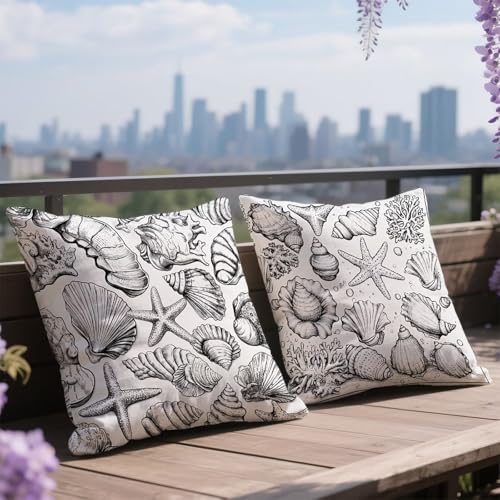Coussin Exterieur Impermeable Noir Blanc Housse Coussin 40x40cm Lot de 2 Taie Oreiller Velours Coussins Canape lit Coquille Carré Decoration Maison Exterieur Housses de Canapé Salon de Jardin h-11350
