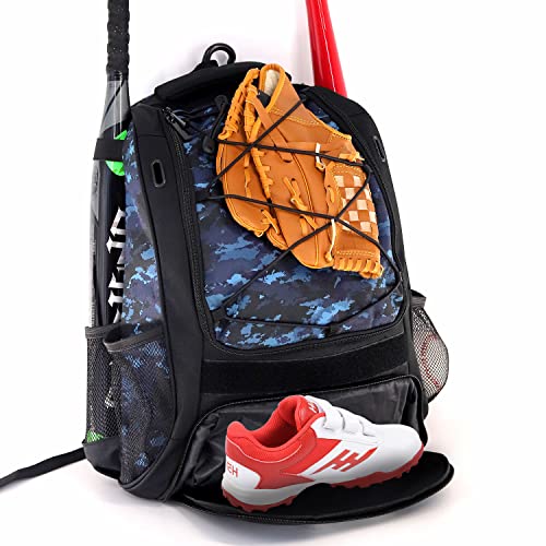 Wolt | Youth Baseball Bag - Bat Backpack For T-Ball & Softball Equipment & Gear, Bat & Glove Holder, Large Main Compartment For Helmet & Accessories, Separate Shoes Compartment, Fence Hook (Camoblue) #TOP6
