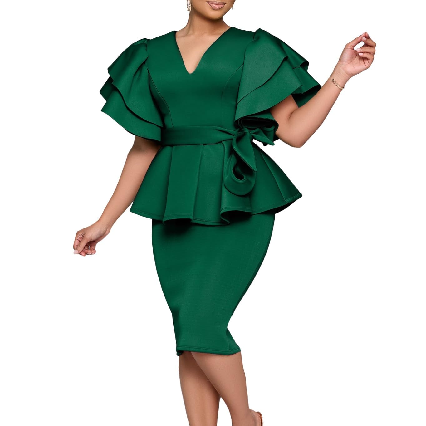 Abito A Tubino Elegante Da Donna, Formale, Tinta Unita, Per Feste E Cocktail Abito Midi Aderente Sexy Con Scollo A V, Volant, Maniche Corte E Cintura