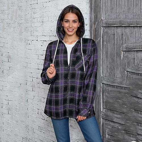 Fleece Jacket Women Fleece Lined Warm Zip Up Hoodie Fall Winter Drawstring Plaid Hooded Jackets Coat with Pockets4