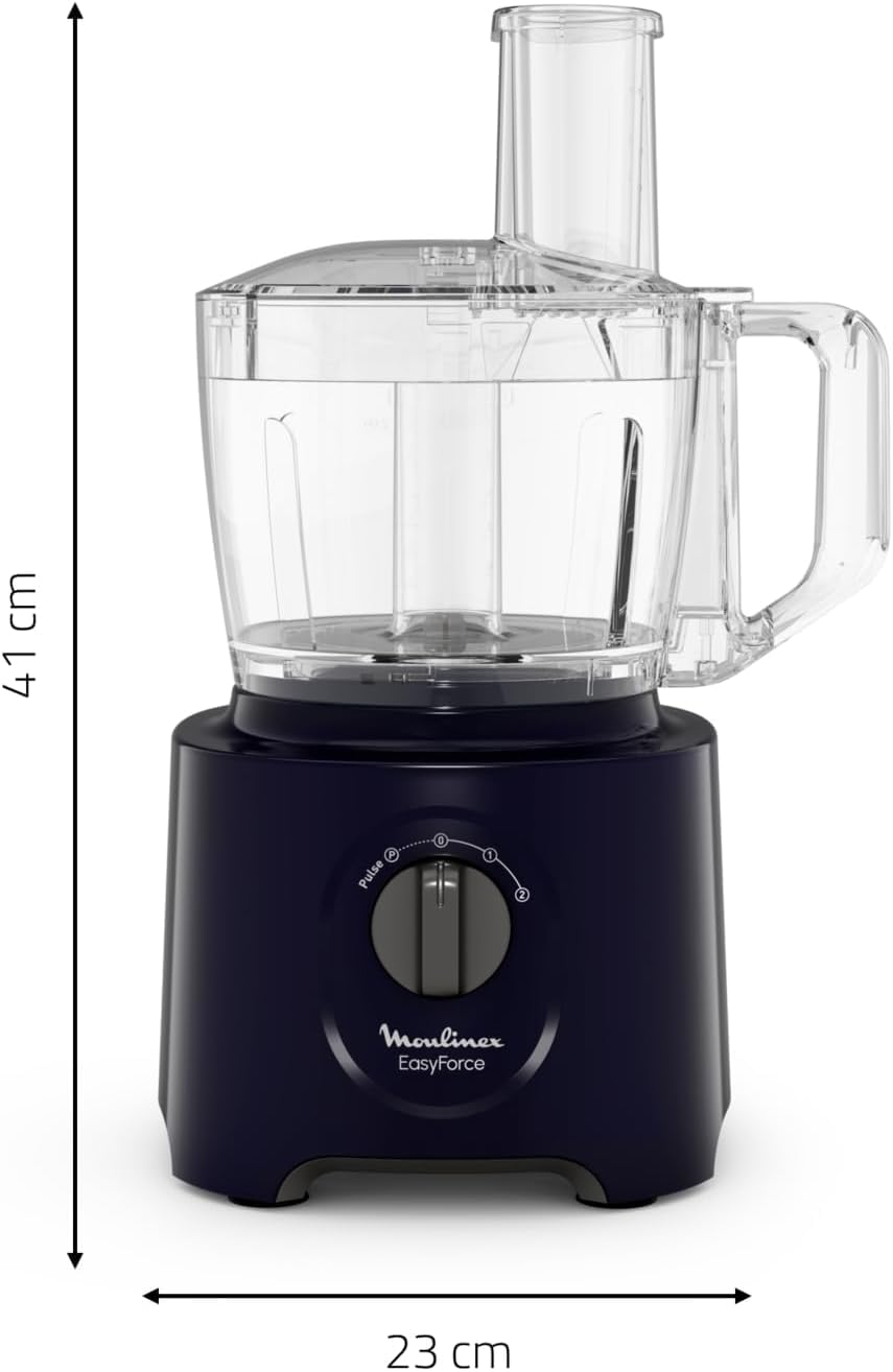 Moulinex Easy Force, Robot Cuisine Multifonction Compact 3L, 800W, 2 Vitesses + Pulse, 25 fonctions, 6 accessoires, Blender, Râpes, Bleu, FP247810