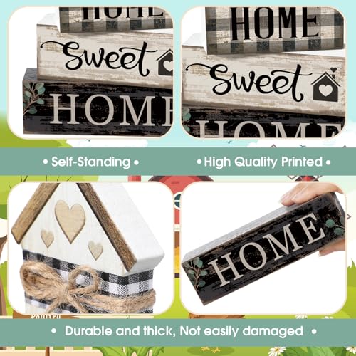 Image of Moucuny 4 Pcs Farmhouse Table Decor Rustic Home Sweet Home Farmhouse Tiered Tray Decor Retro Wooden House Shaped Block Signs Housewarming Gifts Neutral Centerpiece for Kitchen Shelf