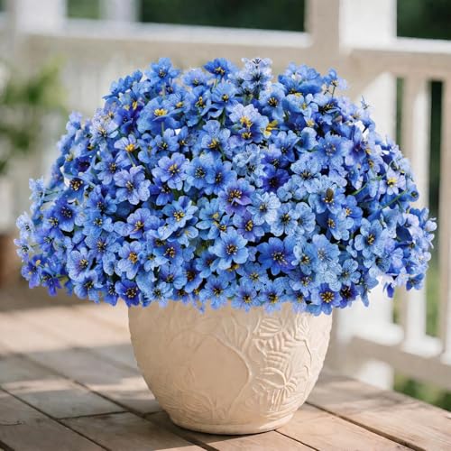 22 Pack Artificial Flowers Outdoor Fake Plants, Faux Flowers UV Resistant with Plastic Plants, Faux Silk Flowers for Outdoors Outside Front Porch Hanging Planter Window Box Garden Decoration(Blue)