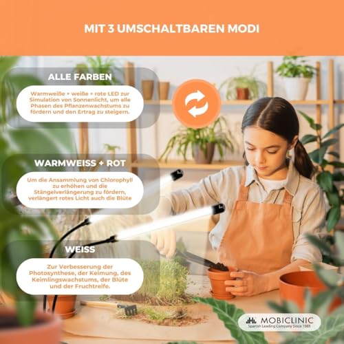 Mobiclinic®, Pflanzenlampe, Led, Growflex x2, 3 modi, 6000k, 10 helligkeitsstufen, 2 köpfe, Vollspektrum, Europäische marke, Timer, 360° rotation, 40w, Flexibel, Zimmerpflanzen, Usb, Grow lampe