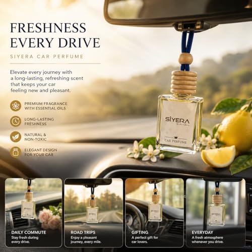 Image of SiYERA Hanging Car Perfume with Essential Oils | Car Air Freshener 10ml | Long-Lasting Aroma in Glass Bottle with Wooden Diffuser Lid (Lemon)