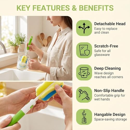 Image of 3PCS Replaceable Cleaning Bottle Sponge Brush Sponge Cup Brush Set with 3 Replacement Brush Head Portable Long Handle Water Bottle Cleaner Brush for Water Bottle Glasse Bottle Mugs Cup (Color Random)