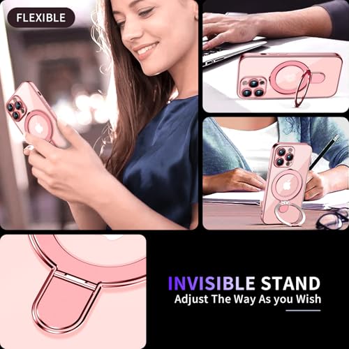 Image of Magnetic for iPhone 14 Pro Max Case with Invisible Stand[Compatible with MagSafe][Full Camera Lens Protector][Military Drop Protection] Shockproof Not Yellowing Clear Slim Soft for Women Men