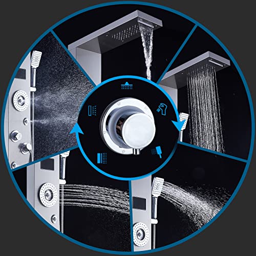 Image of ELLO&ALLO LED Rainfall Waterfall Shower Head Rain Massage System with Body Jets Stainless Steel Bathroom Shower Panel Tower System, Brushed Nickel