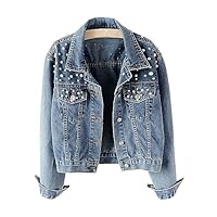 Vcindai Damen Jeansjacke Langarm Jacke Kurz Jeansjacke mit Perlen, XXL