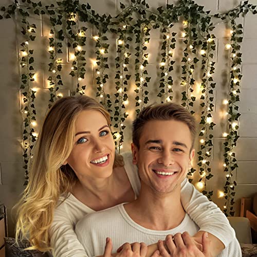 Image of MoonlitDreams Aesthetic Room Decor Kit with 4 Artificial Green Ivy Vines & 40FT Warm Fairy Lights | Pinterest-Inspired Wall Decoration for Bedroom, Living Room, Hostel & Study Room | Home Decor Gift