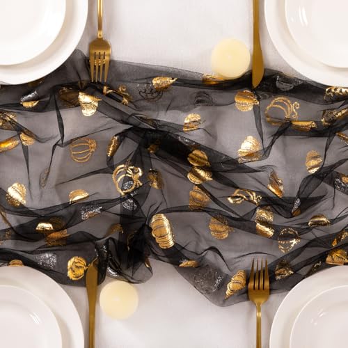 Image of MLMC Fall Pumpkin Table Runner Black Sheer Gauze Foil Table Runner, 3PC