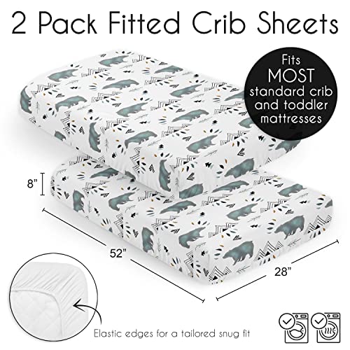 Image of Sweet Jojo Designs Slate Blue Bear Mountain Boy Baby Fitted Crib Sheet Set Nursery Soft Infant Newborn Fits Standard Mattress or Toddler Bed - 2pc - Black and White Watercolor Woodland Forest Animal