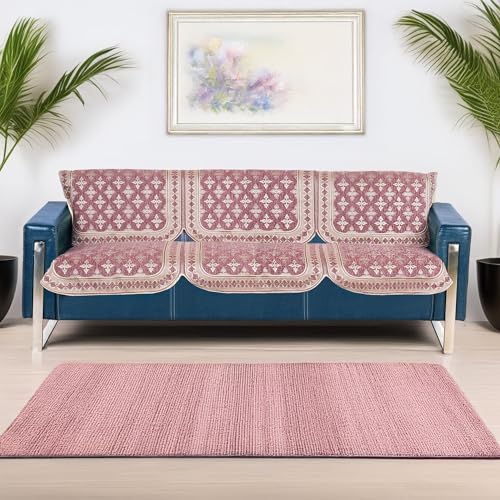 Image of Onion Pink Chenille Woven Anti-Slip 3 Seater Sofa Cover | L-Shape Sofa Seat Protector for Living Room | Durable & Stylish Slipcover