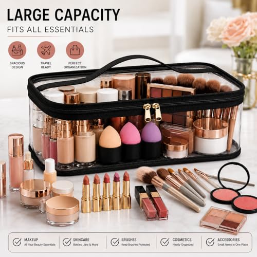 Image of RAAHII 4 Piece Transparent Makeup Organizer Bag for Women | Waterproof PVC Cosmetic Travel Pouch | Vanity & Toiletry Storage for Makeup, Skincare, Brushes & Accessories | Clear Organizer Case