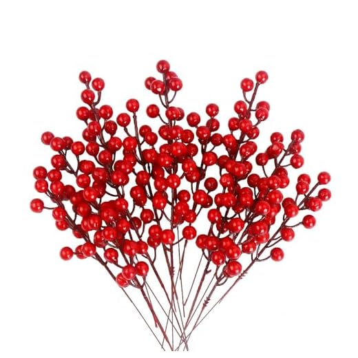 SULOLI 20 Pezzi Bacche di Agrifoglio Rosso,Bacca Artificiale Decorazione per Albero di Natale
