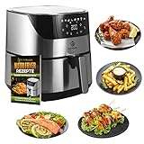 NUTRI-FRYER Heißluftfritteuse XXL Edelstahl [2000W] 🔥Power Airfryer 5L Groß - Filter Cool Touch, Digital Touchscreen Timer | Pommes Fritteuse ohne Fett & Öl | Pizzablech + Barrel + Rezeptbuch