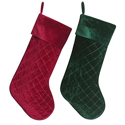 Gireshome Set of 2 pcs Burgundy & Green Velvet Stocking Diamond Quilted Embroidery Decoration Socks Christmas Stocking Xmas Tree Decor Festival Party Ornament 10