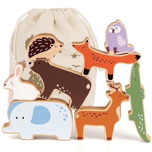 Image of PairPear Large Wooden Animal Stacking Blocks for Toddlers, Montessori Toys Building Stacking Toys & Bag, Educational Balancing Activity Toy for Kids Toys Age 18 Months+
