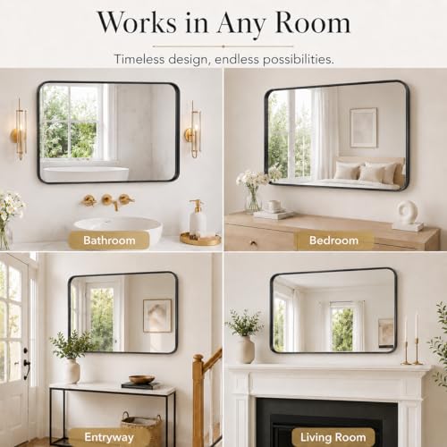 Image of 30 inchx40 inch Rounded Corners Black Bathroom Mirror - Metal Framed with HD Shatter-Proof Glass, Wall-Mounted for Over Sink, Entryway, Living Room, Bedroom