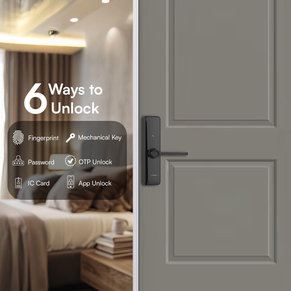 Image of Shield Core Smart Door Lock for Wooden Doors | 6-Way Unlock: Fingerprint, Passcode, WiFi App, OTP, RFID Card & Key | Dual Bolt Protection | Auto-Lock & Decoy PIN | 1 Year Battery Life (Black)
