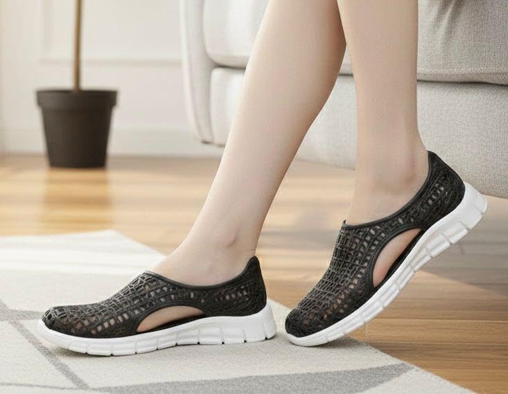 Image of Women's Hollow-Out Slip-On Sandals, Waterproof, Breathable Cutout Design, Casual Flat Shoes