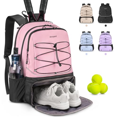 Arcoyard Bolsa de tênis, bolsas de tênis grandes para mulheres, mochila de tênis com compartimento ventilado para sapatos e bolso isolado, comporta 2 raquetes de pickleball de tênis, bolas de