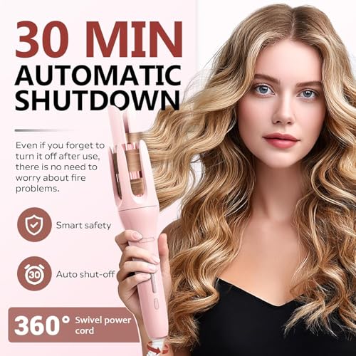 Image of Auto Hair Curler, Automatic Curling Iron Wand with 4 Temperatures & 3 Timers & LCD Display (Light Pink)