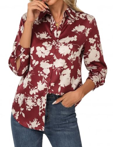 GRACE KARIN Fall Silk Tops for Women Business Casual, 2026 Satin Button Down Shirts, Long Sleeve Floral Blouses Trendy Red Floral Medium