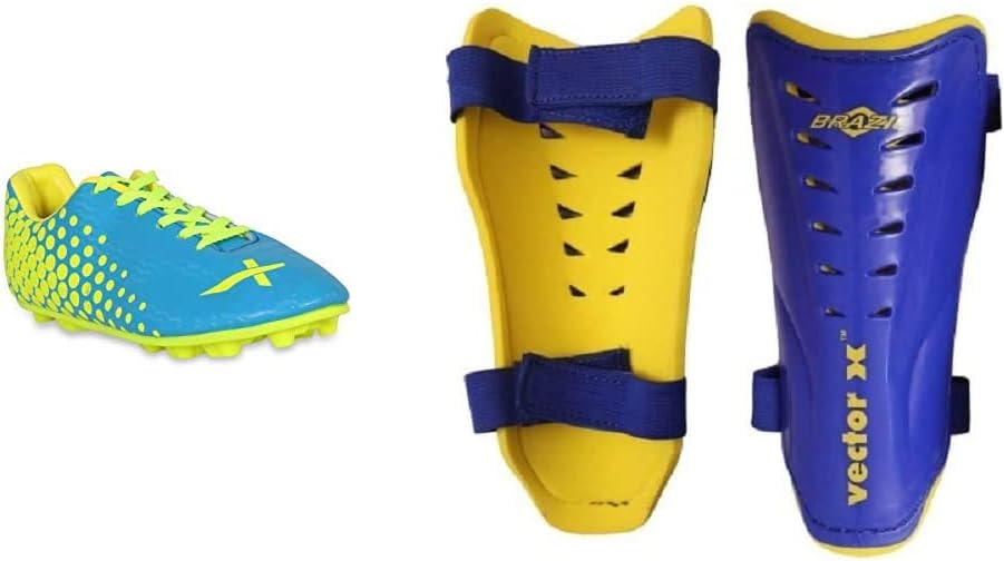 Vector X Volt Football Shoes, Size 9 (Blue/Green) Brazil Shin pad, Small (Blue/Yellow) Combo