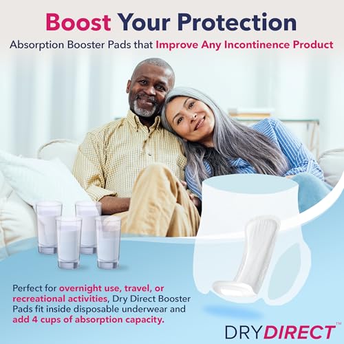 Dry Direct Shaped Super Incontinence Booster Pads, Adds 4 Cups Extra Absorbency to Adult Diapers, Super Soft, Adhesive Strip Backing, Unisex (Pack of 30 Pads)