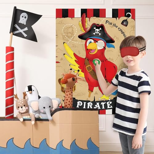 Image of WERNNSAI Pin the Eyepatch on the Pirate - Pirate Birthday Party Supplies for Kids Boys Halloween Treasure Hunt Party Game 28 inch x 21 inch Parrot Poster with 24 Stickers and Blindfold