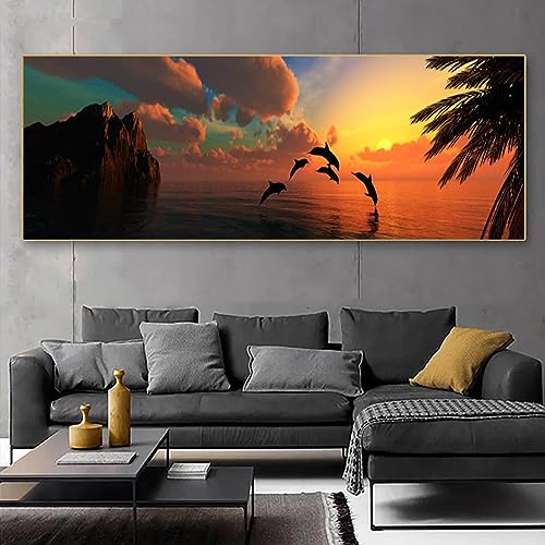 Affiche et impressions mur art dauphin sur toile mer coucher de soleil paysage tableau 20x60cm