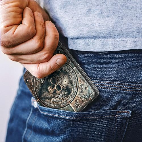 Viking Skull, Norse Skull Leather Men Bi-fold Wallet, Slim Card Holder, Gifts Wallet for Men, P4