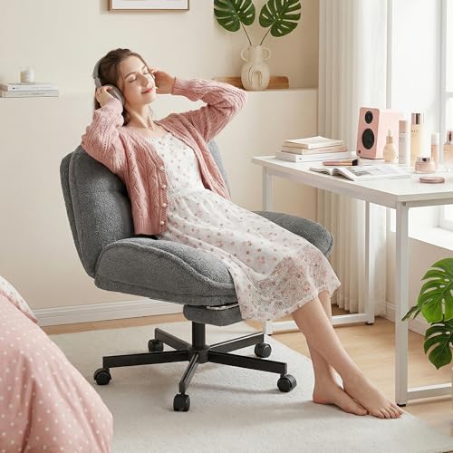 Image of DurayLoly Criss Cross Office Chair with Foot Rest, 26.77 inch Wide Cross Legged Office Chair with 7 inch Thick Backrest, Height Adjustable & 360Swivel, Desk Chair for All-Day Comfort (Misty Gray)