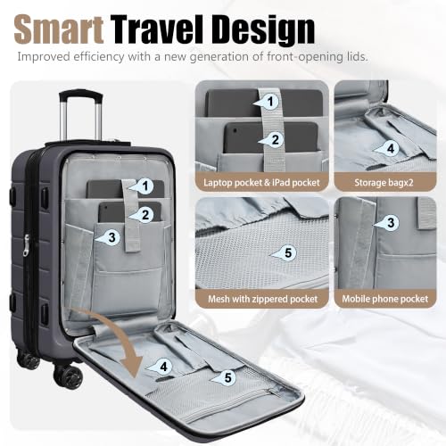 Image of KEYTANG SmileLine 3-Piece Luggage Set Lightweight Hardside Suitcase TSA Lock Spinner Wheels, 20 inch Expandable Carry-On Luggage with Quick Access Front Open Pocket, Bonus Makeup Bag,Gray