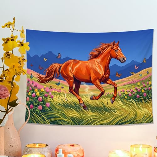 Tapisserie de cheval orange, papillons et fleurs - Décoration murale bohème - Pour salon, chambre à coucher, printemps - 101,6 x 76,2 cm