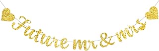 Glitter Gold Future Mr & Mrs Banner with Heart,Pre-Strung,Engagement Ceremony Decor Bridal Party Wedding Decorations,Bachelorette Party, Wedding Eve Parties Supply