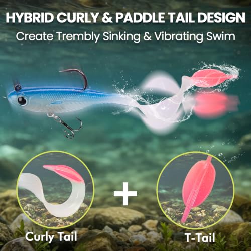 Image of TRUSCEND Duramax Easy Catch Soft Fishing Lures with BKK Hook, Trembly Sinking & Vibrating Swim for More Bites, Pre-Rigged Curly & T-Tail Swimbait for Bass, Trout, Crappie, Freshwater Saltwater Fishing