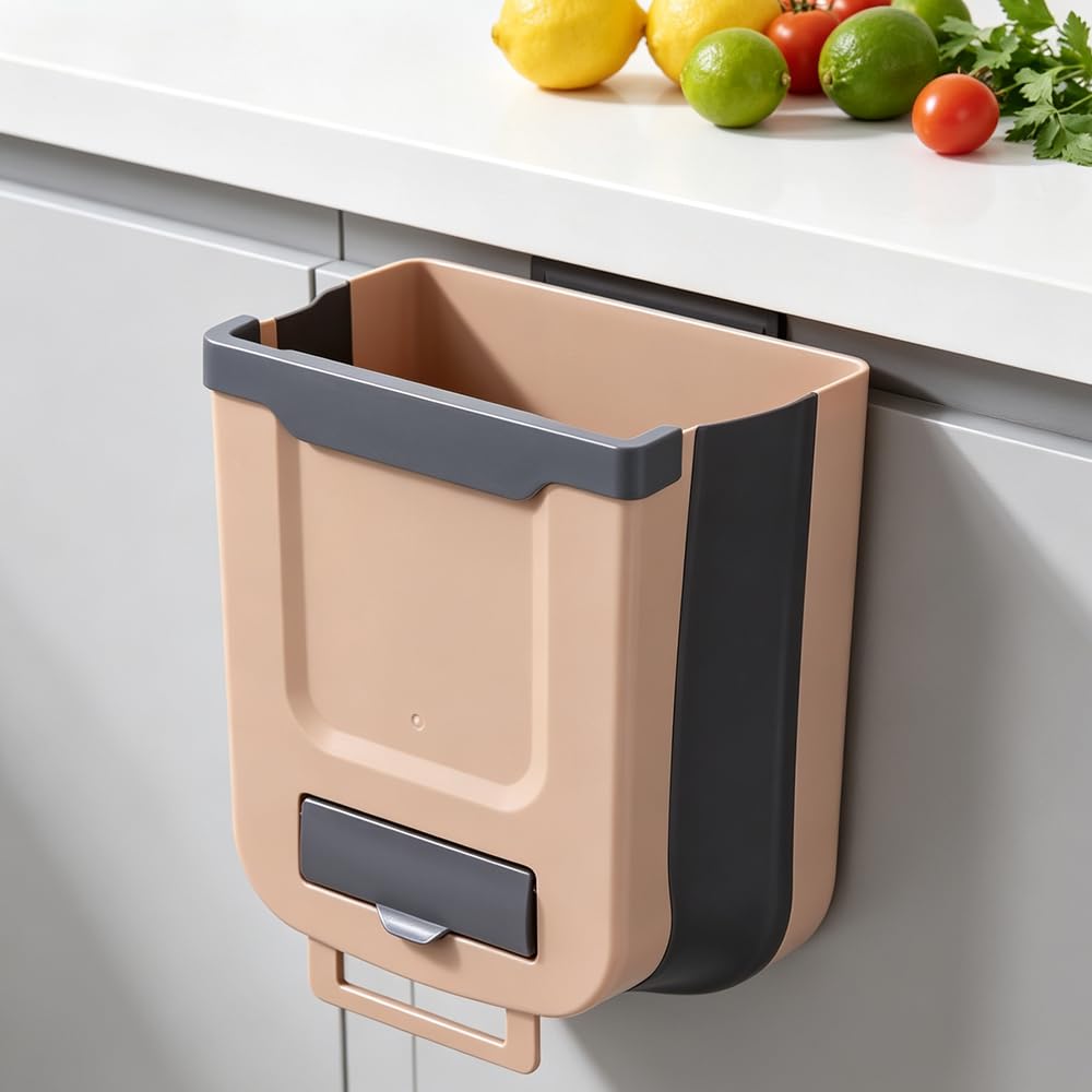 HZYUEKUN Foldable Kitchen Door Bin, Hanging Trash Can, 10L Kitchen Rubbish Wall-Mounted Waste Box for Under Sink,Cupboard Door, Cabinet, Camping, Bathroom,Trip, Motorhome(Light Brown)