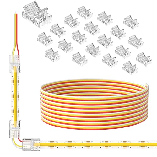 PAUTIX 10mm Connectors for 3-Pin CCT COB LED Strip Lights 20pcs Strip to Wire Connectors 10ft(305cm) Long 22AWG Extension 3 Wires for Non-Wired Gapless Solderless 5V 12V 24V LED Strip Lights Jumper