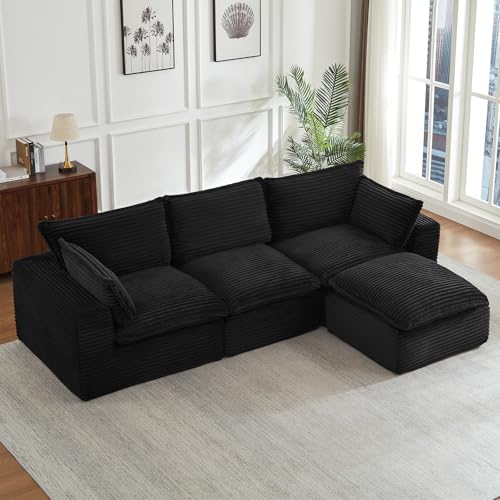 Image of Convertible 4 Piece Modular Sofa Sectional- Free Combination Corduroy Boneless Couch with Ottoman, Frameless Memory Foam Cloud Sofa for Apartment & Small Space, Bedroom